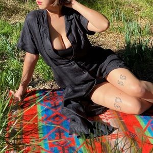 vintage black linen anne klein button-up dress 🌑